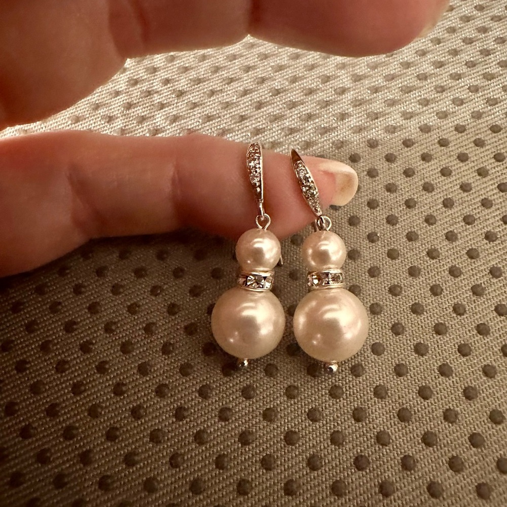 Double Pearl Drop Earrings with Rhinestone Accents